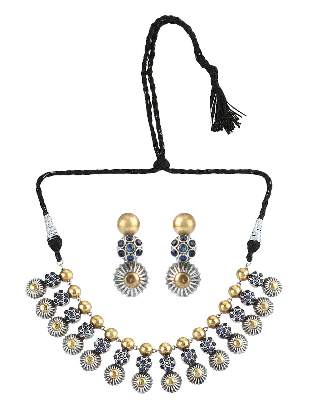 BLUE DUAL TONE TRIBAL HANDCRAFTED BRASS NECKLACE WITH EARRING (SET OF 2)