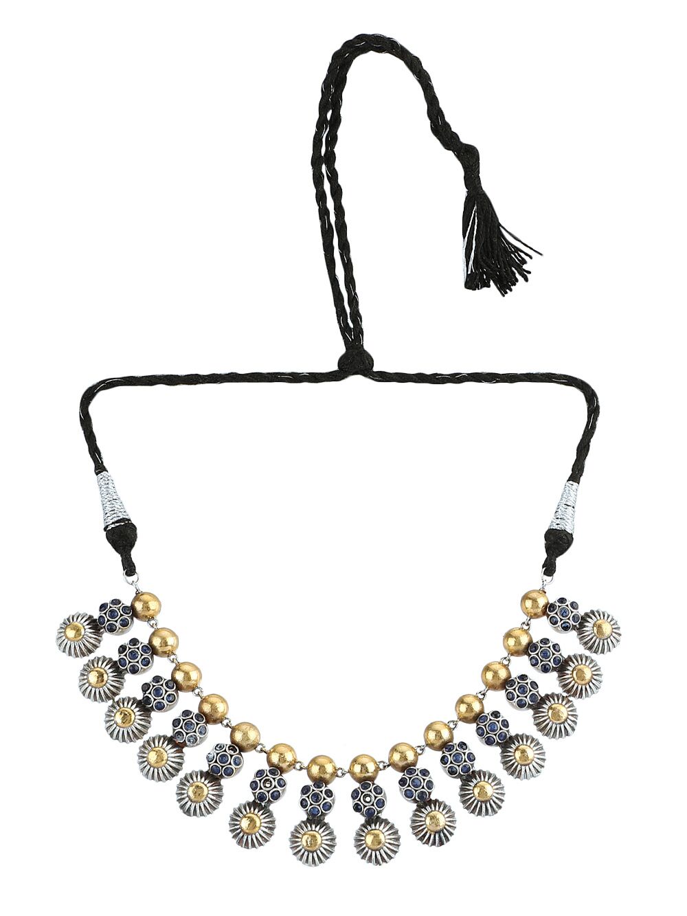 BLUE DUAL TONE TRIBAL HANDCRAFTED BRASS NECKLACE WITH EARRING (SET OF 2)