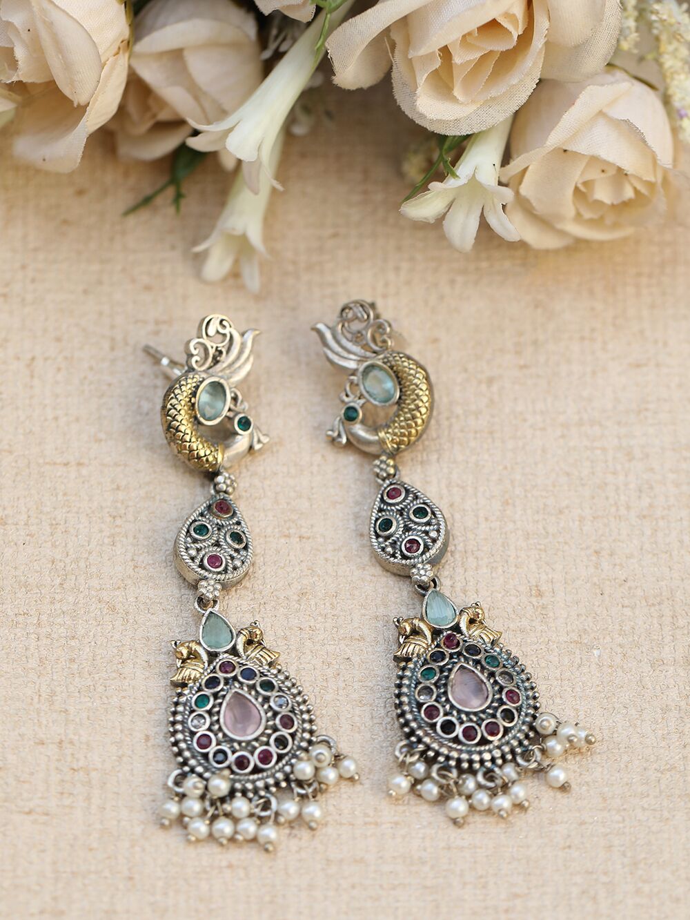 Multicolor Peacock Style Dual Tone Brass Earrings 