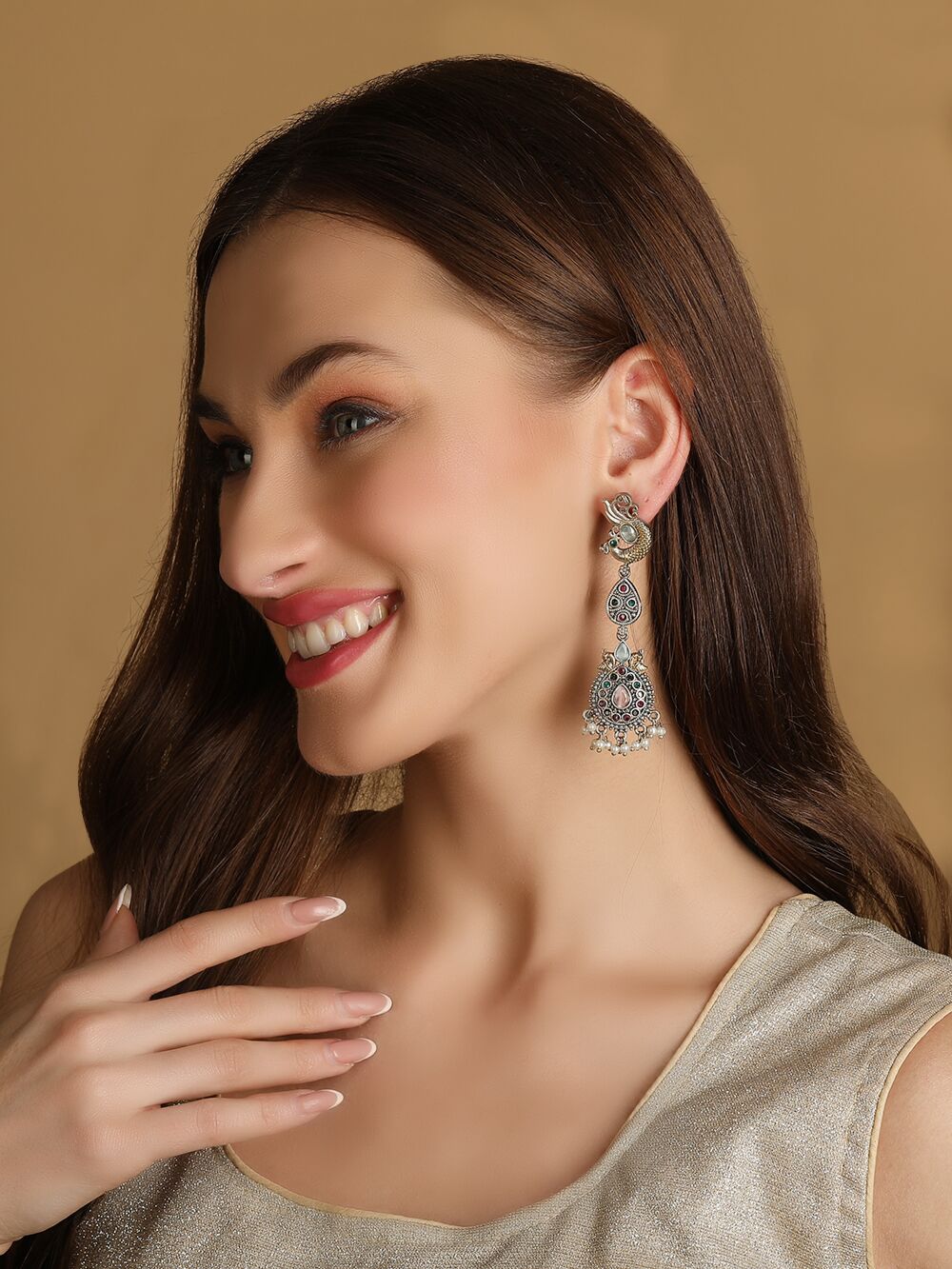 Multicolor Peacock Style Dual Tone Brass Earrings 