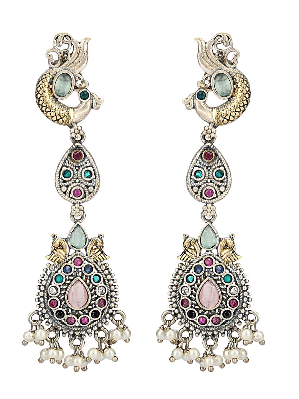 Multicolor Peacock Style Dual Tone Brass Earrings 