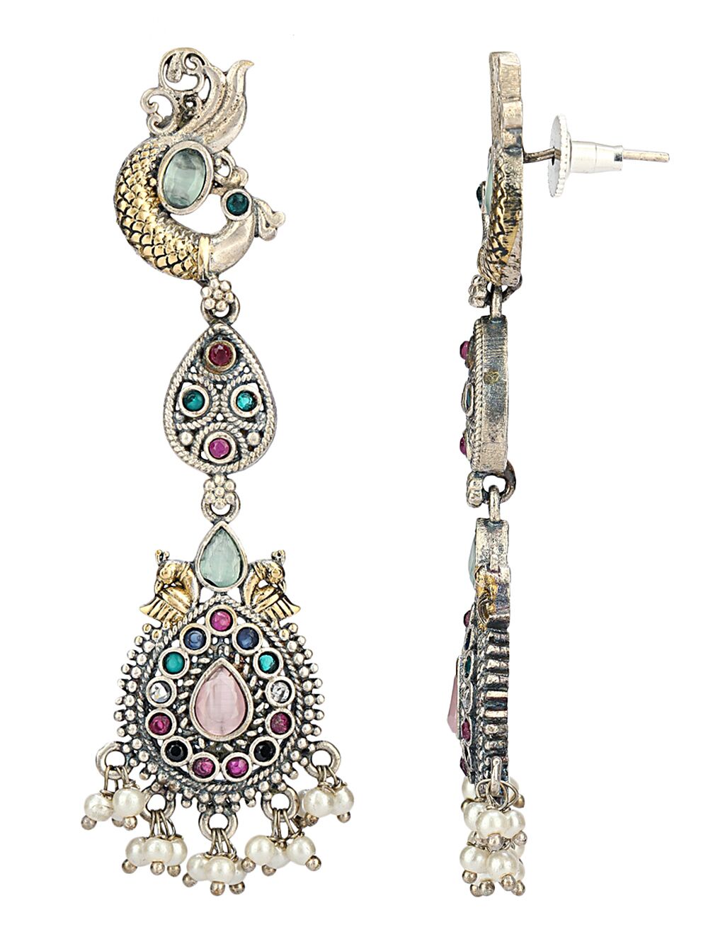 Multicolor Peacock Style Dual Tone Brass Earrings 