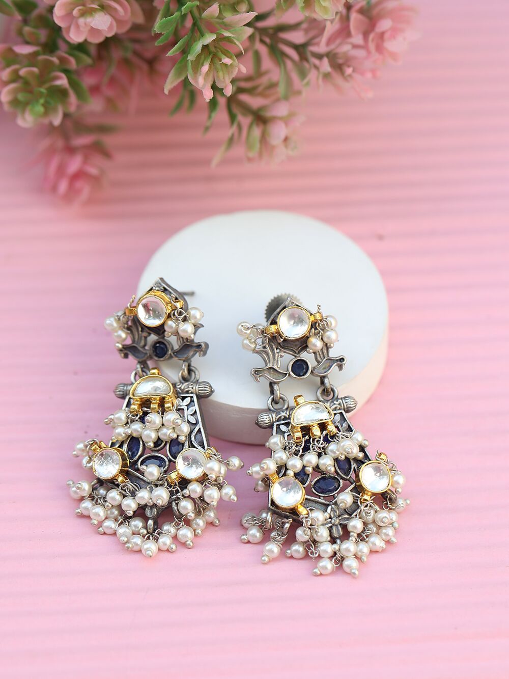 White Dual Tone Brass Earrings