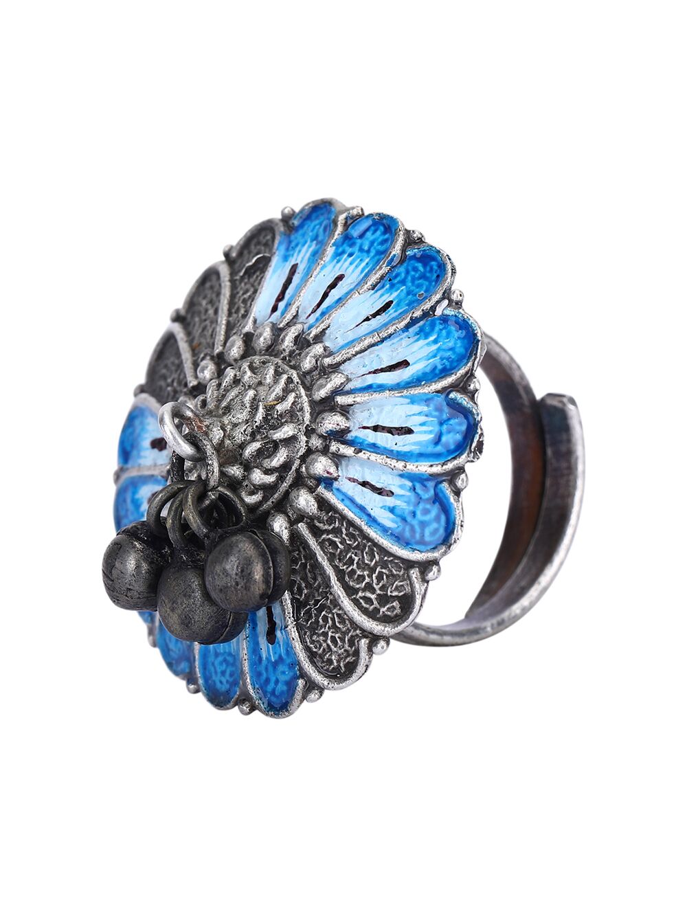 Blue With Ghungroo Style Silver Tone Ring