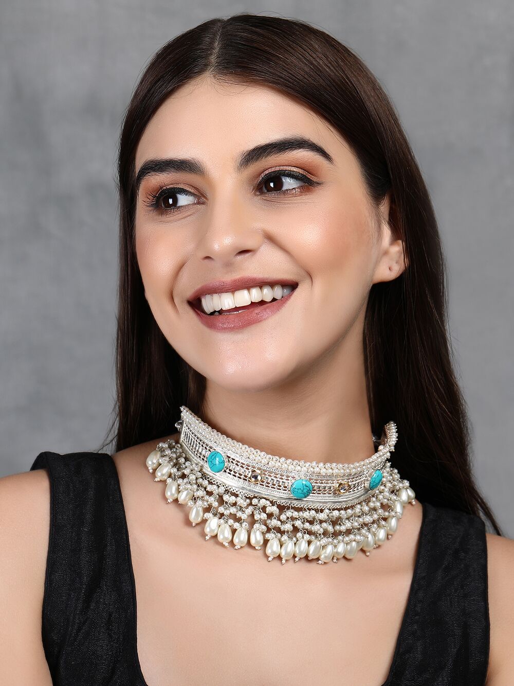 White Beads Style Silver Tone Necklace