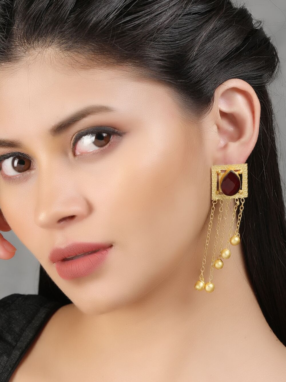 Red Stone Golden Beats Matte Gold Earrings