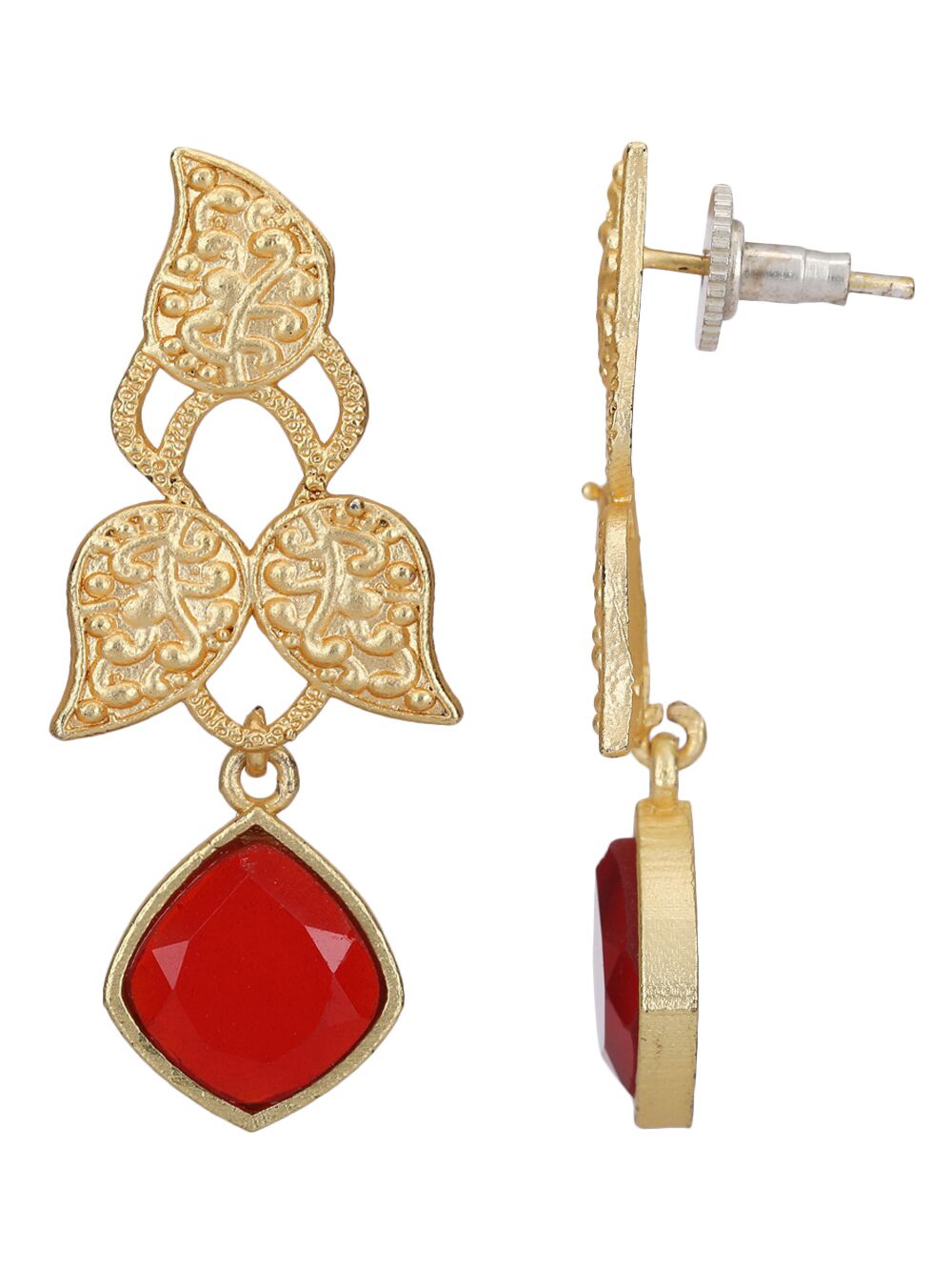 Red Stone Matte Gold Earrings