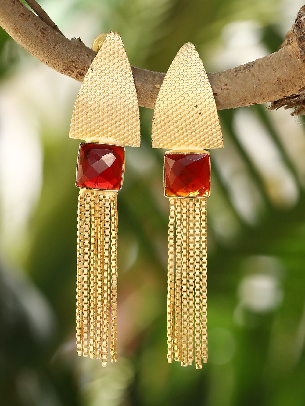 Red Stone Matte Gold Earrings
