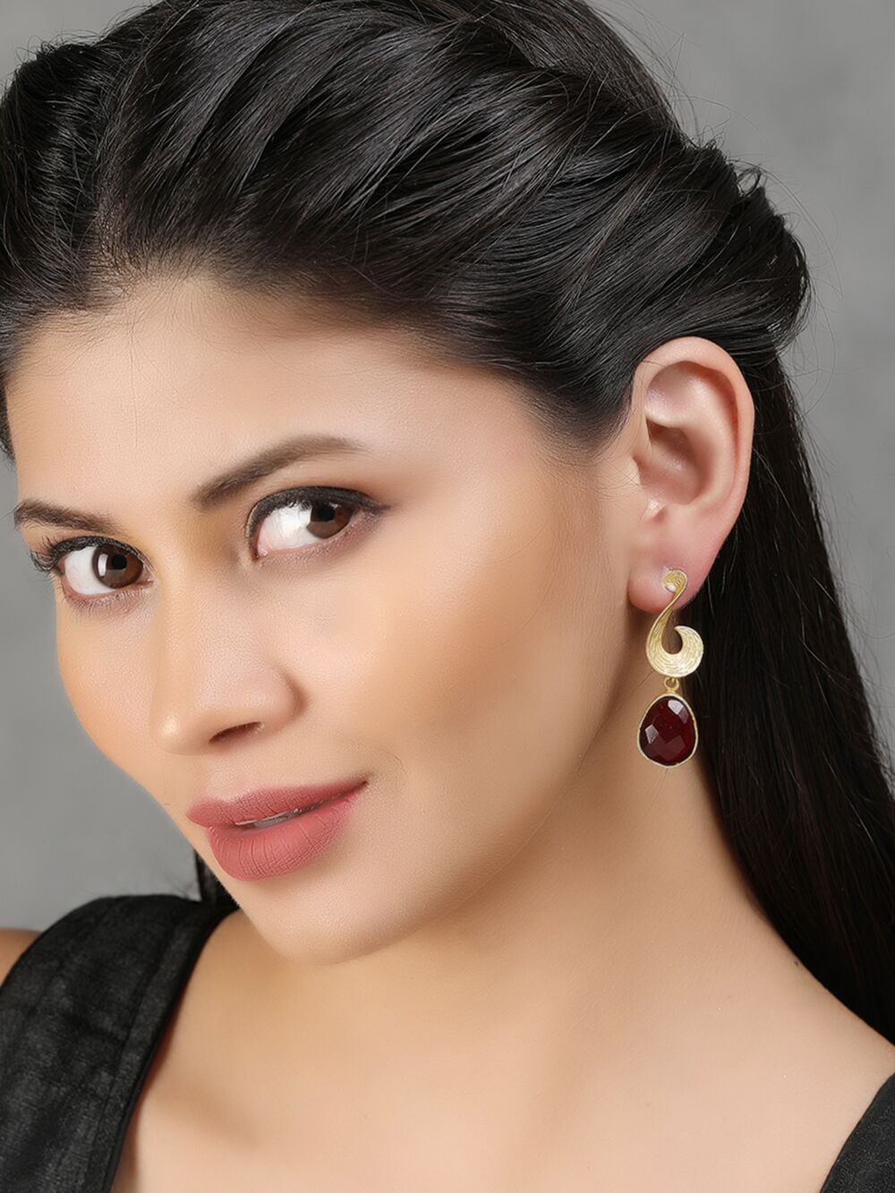 Red Stone Matte Gold Earrings