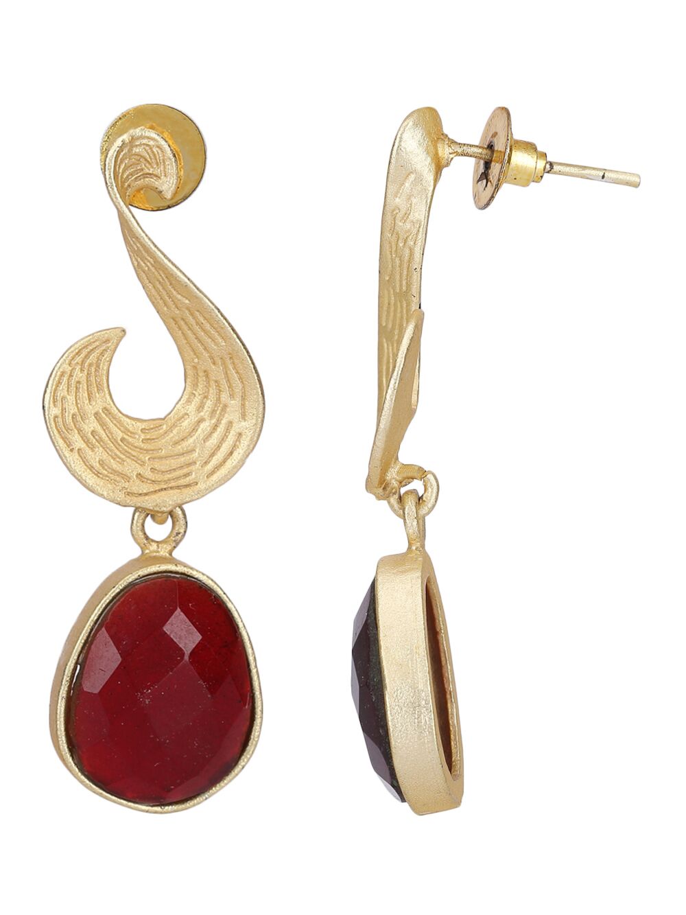 Red Stone Matte Gold Earrings
