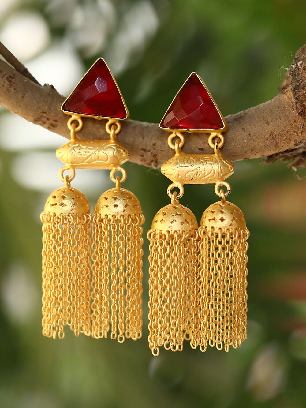 Red Stone Matte Gold Jhumka