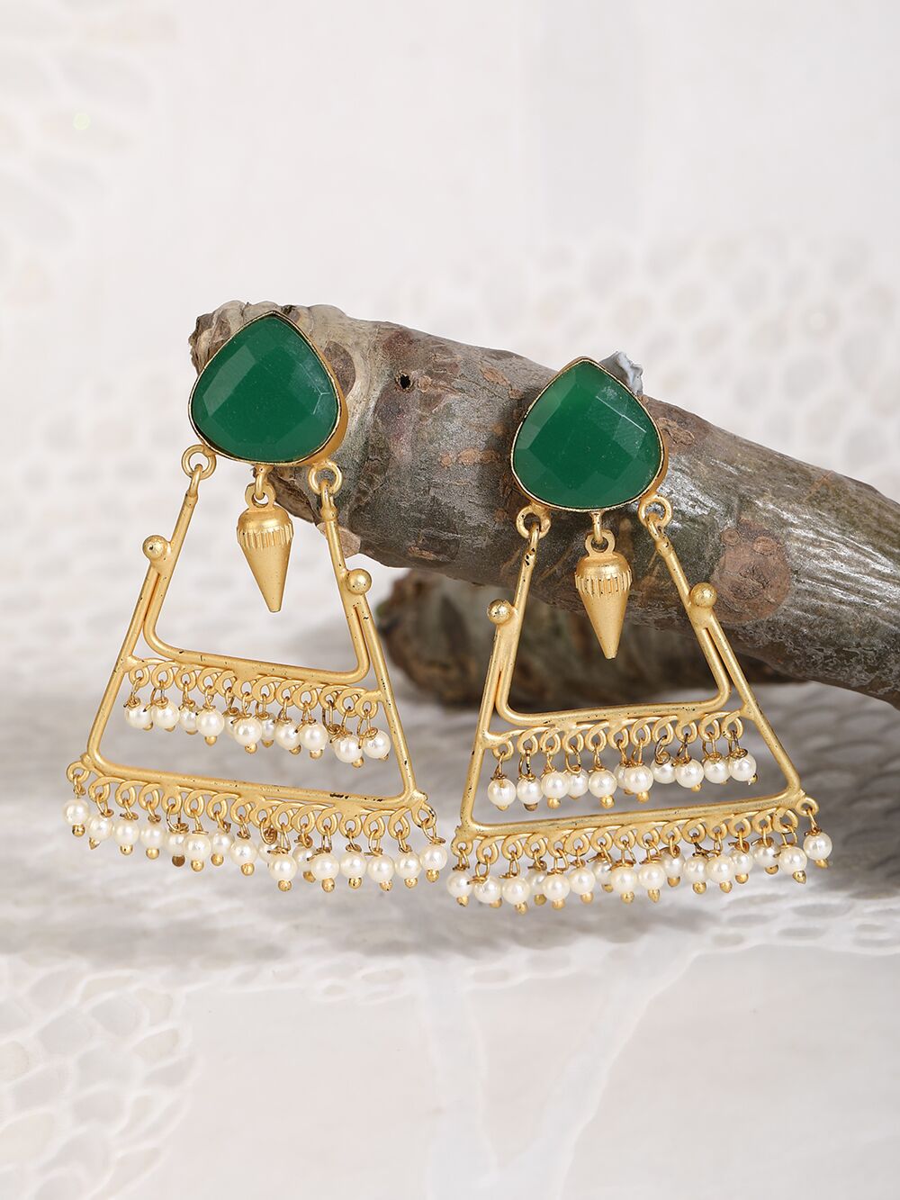 Green Stone Matte Gold Earrings