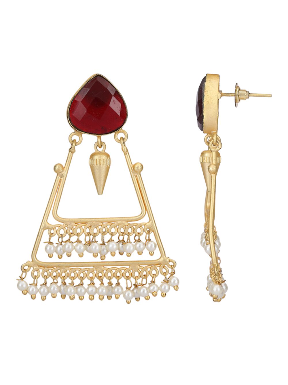 Handcrafted Red Stone Matte Gold Earrings