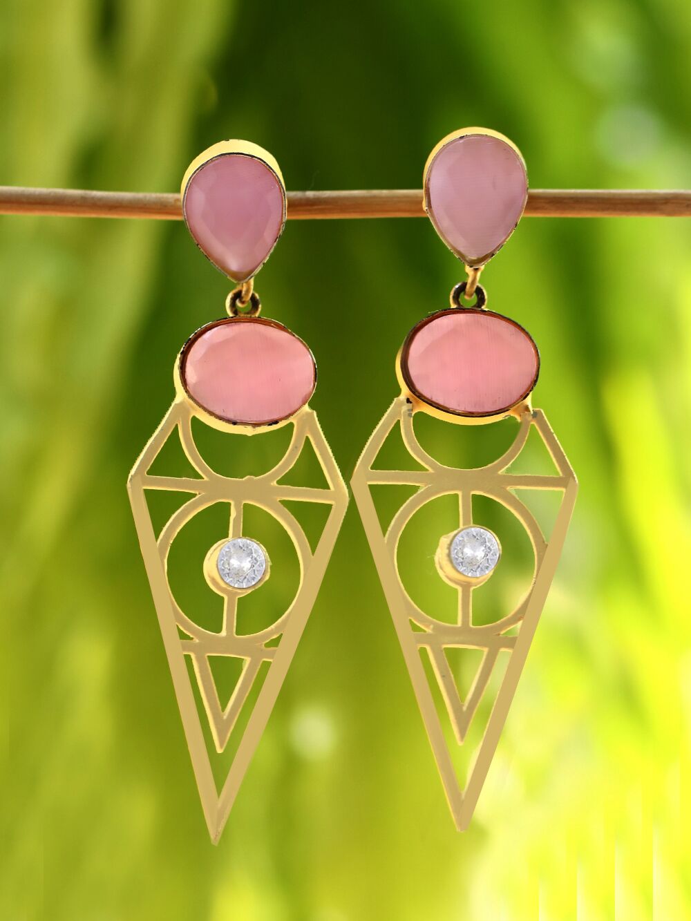 Pink Stone Matte Gold Earrings