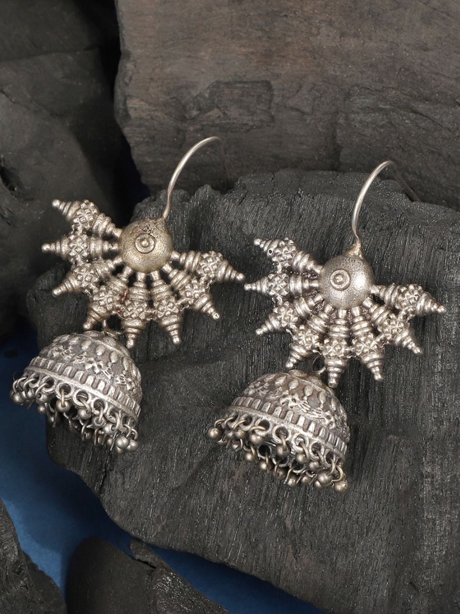 Silver Toned Floral Stud Handcrafted  Brass Jhumka