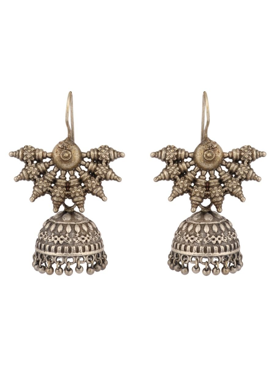 Silver Toned Floral Stud Handcrafted  Brass Jhumka