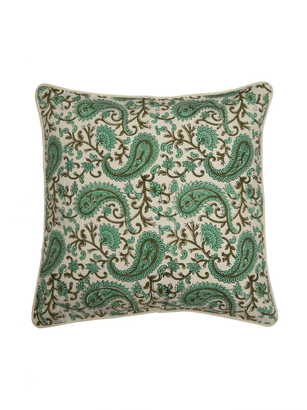 Light Green Hand Block Printed Cotton Cushion Cover