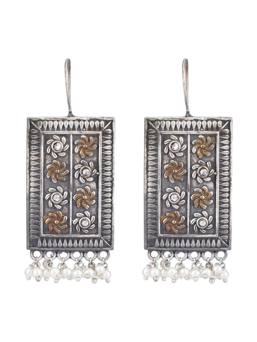 White Beads Pattern Dual Tone Brass Earrings