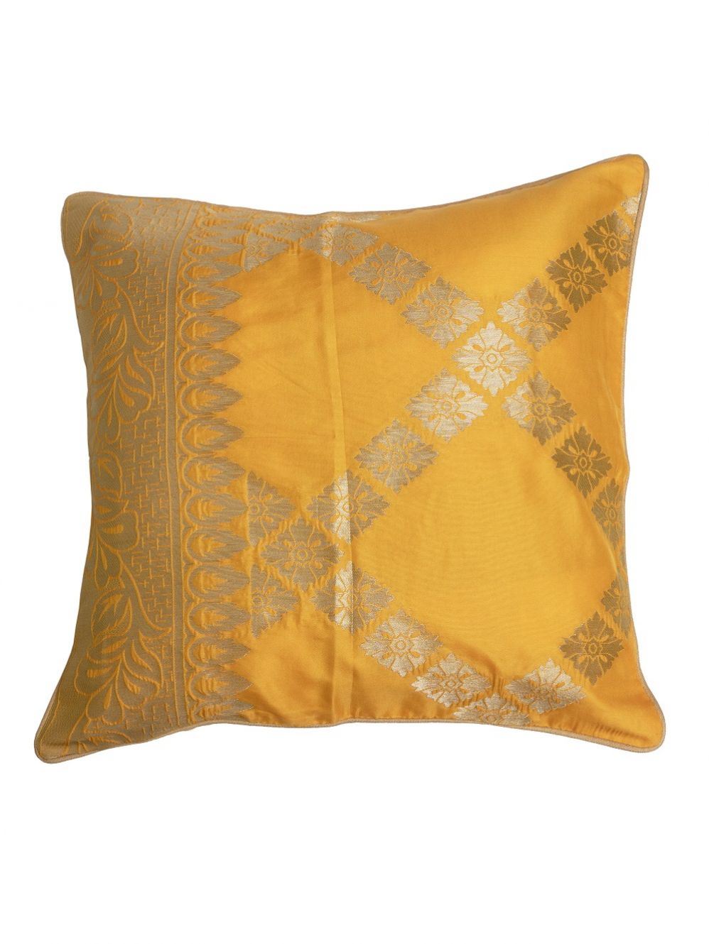 Yellow  Banarasi Brocade Cushion Cover - Size 16 x 16 Inch