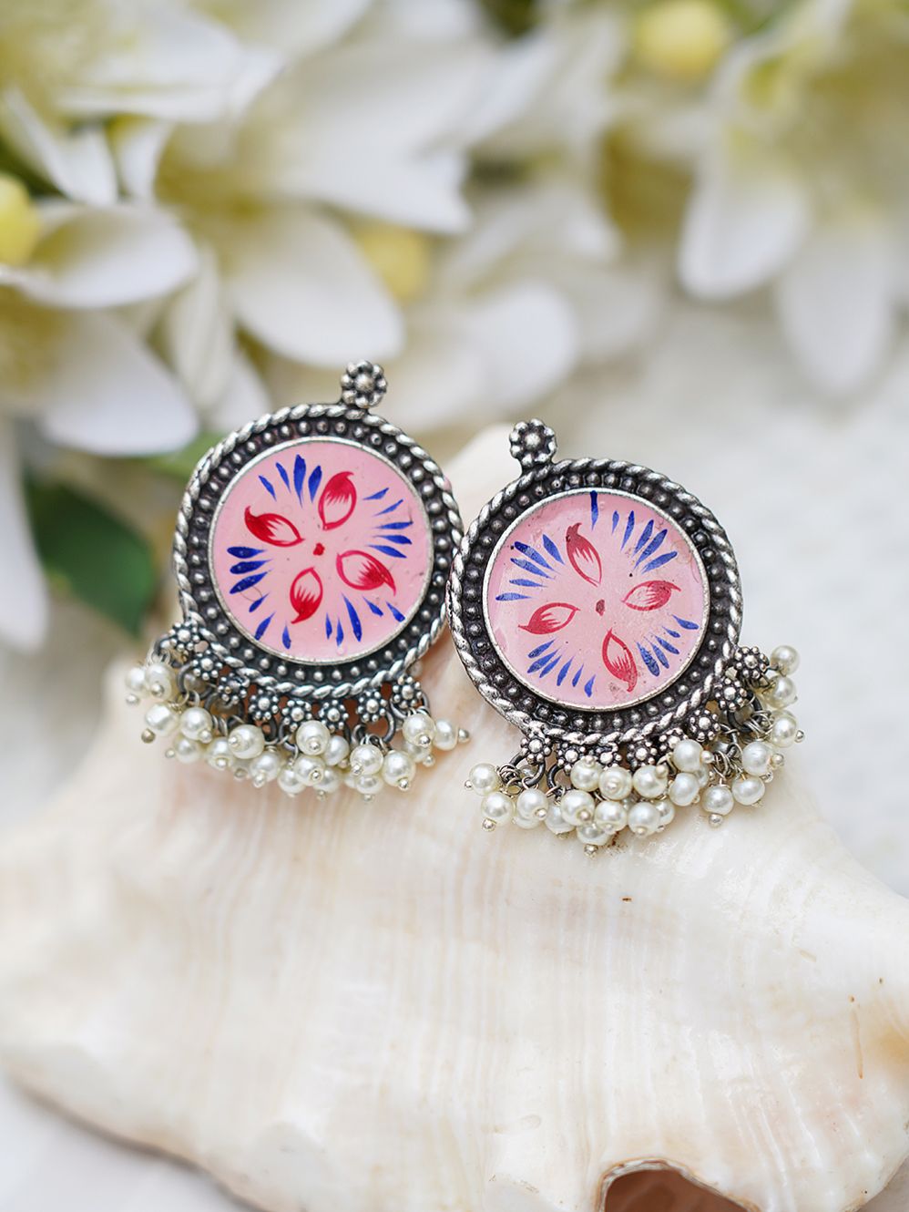 Pink  Handcrafted  Silver Tone Hand painted Brass Earring