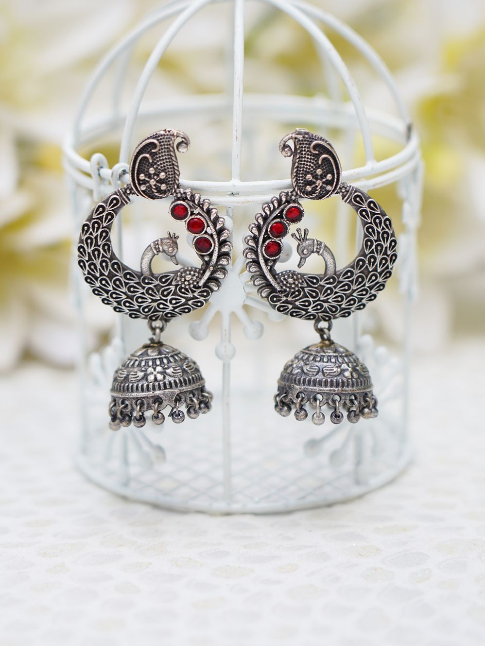 Red Handcrafted  Silver Tone  Brass Peacock Jhumki