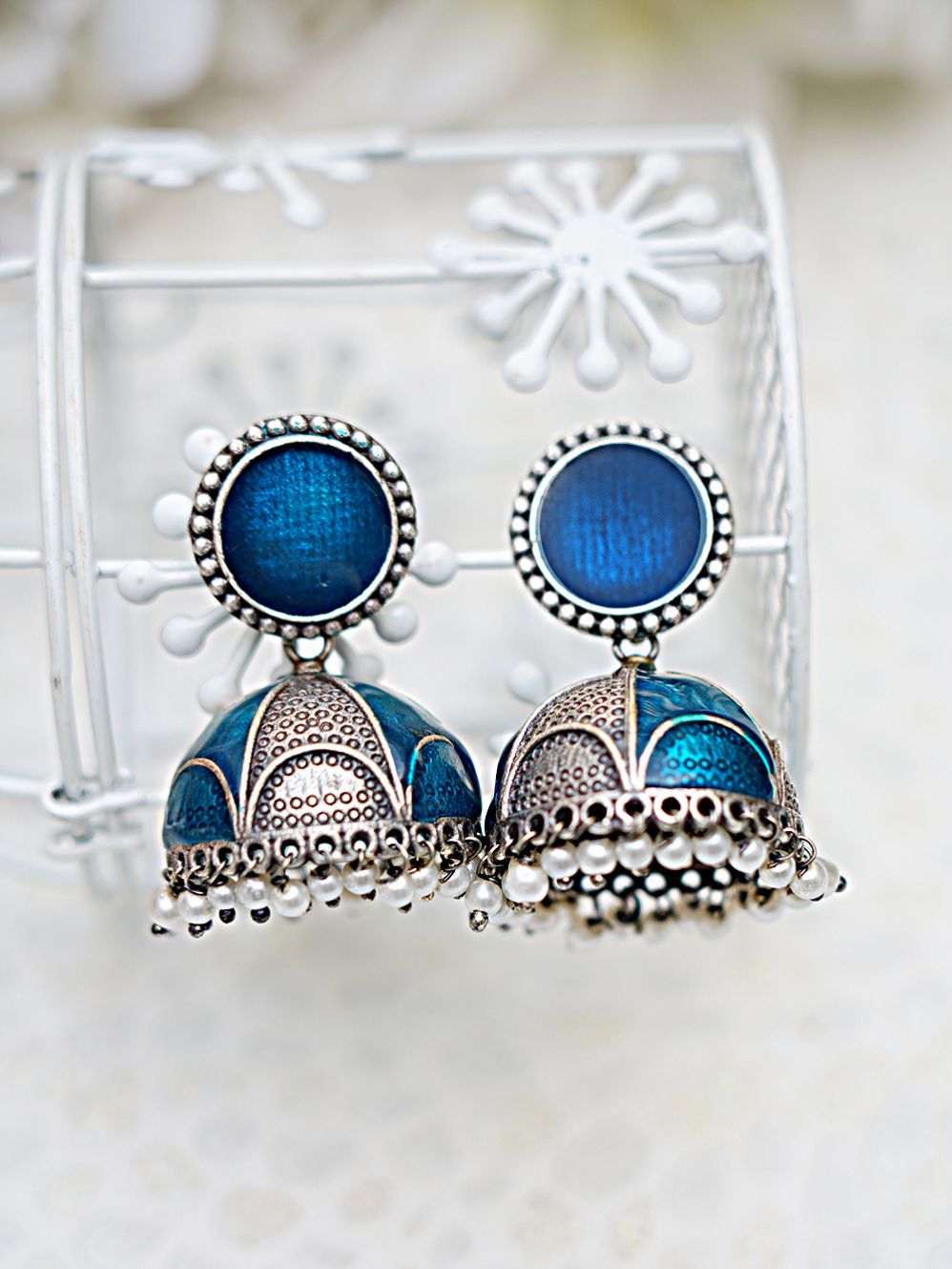 Blue Handcrafted  Silver Tone  Brass  Hand Painted Enamel Jhumki