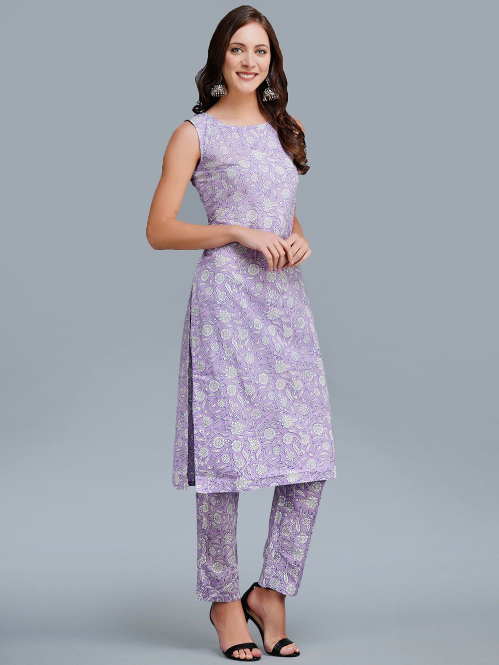 Purple Cotton Block Printed Sleeveless Kurta