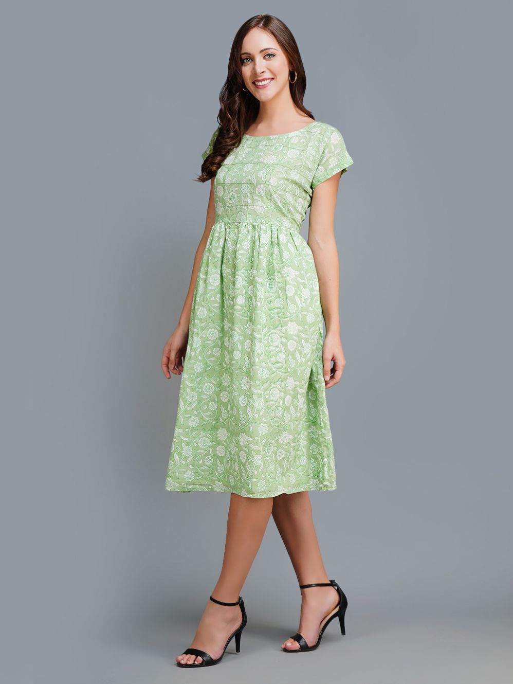 Green Handblock printed Cotton Dress