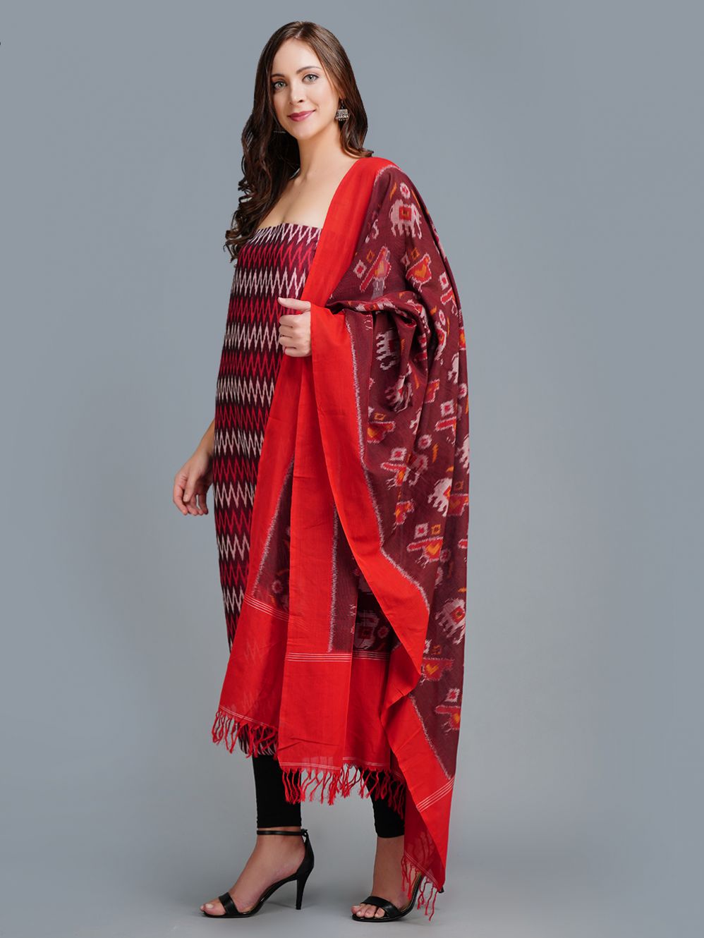 Maroon red Ikat mercerised  Cotton Fabric with Dupatta  (Set Of 2)