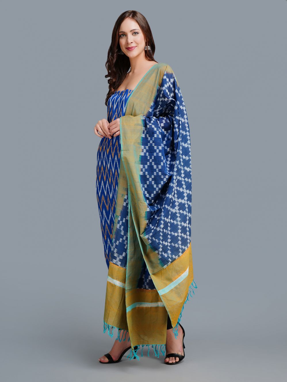 Blue -Tan Ikat mercerised  Cotton Fabric with Dupatta  (Set Of 2)