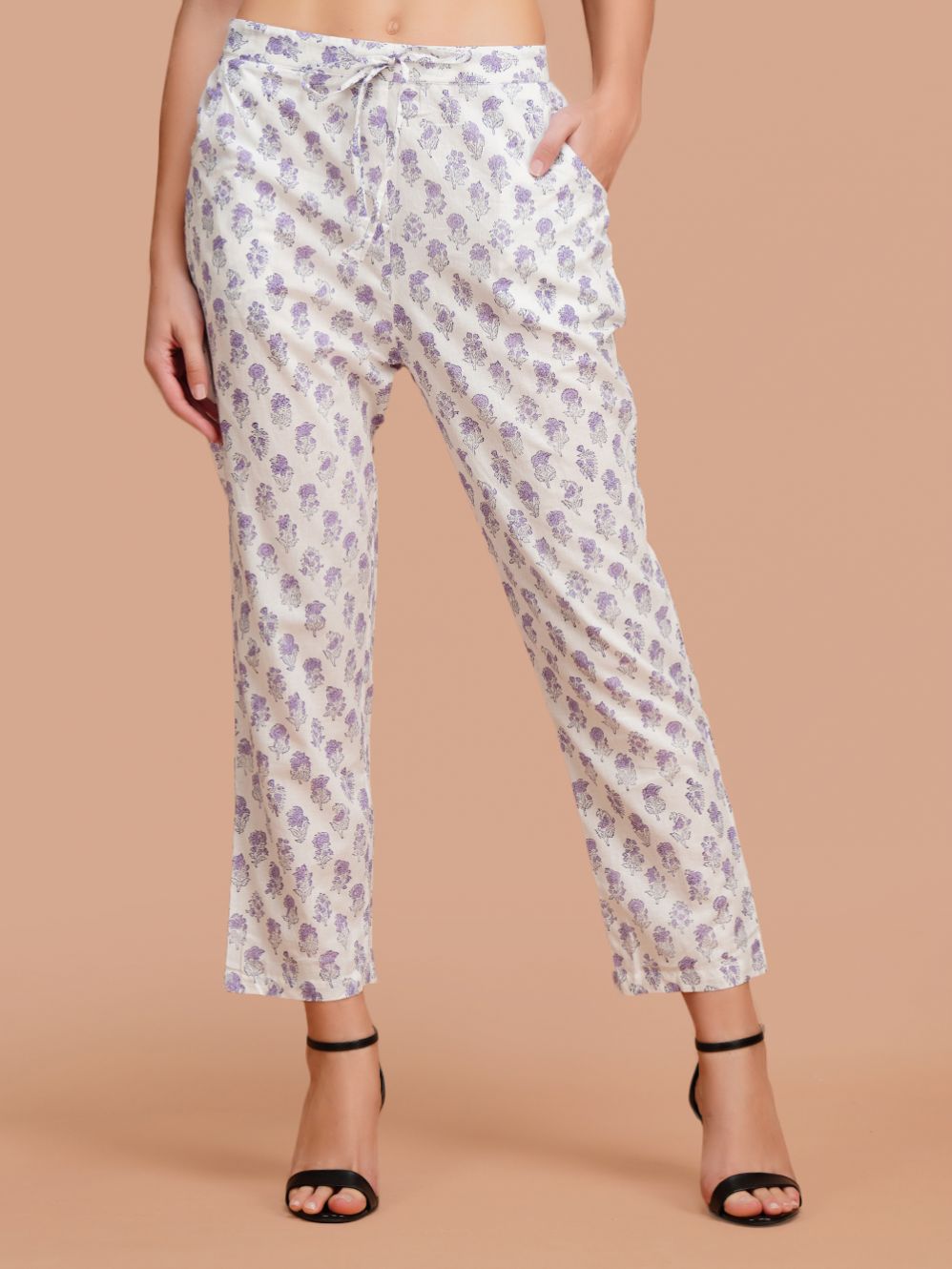 white Cotton Block Printed Casual pants 