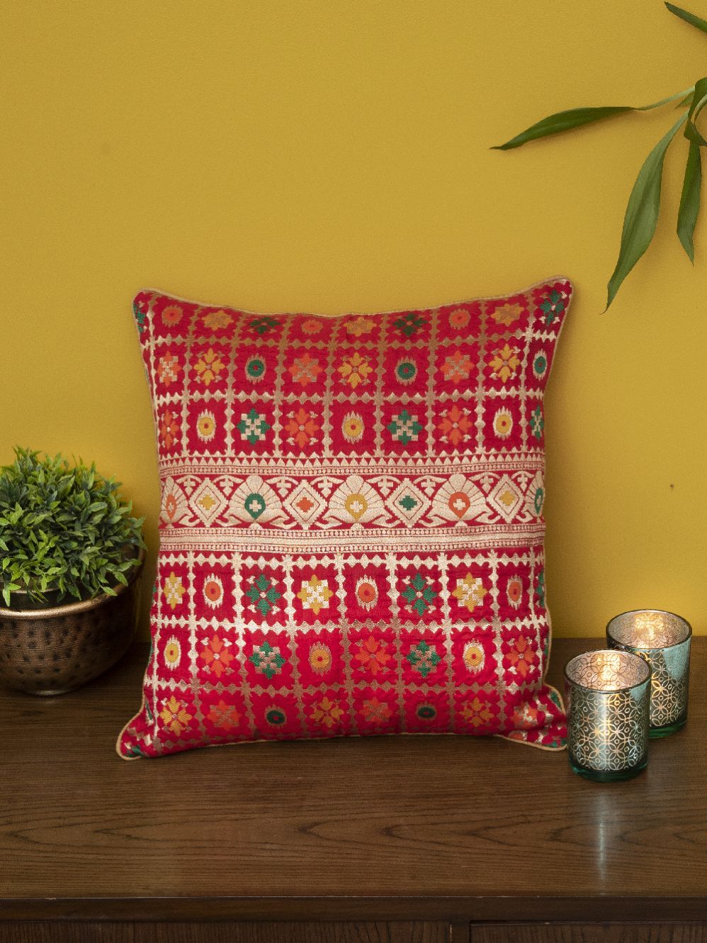 Red Brocade  Banarasi Cushion Cover - Size 16 x 16 Inch