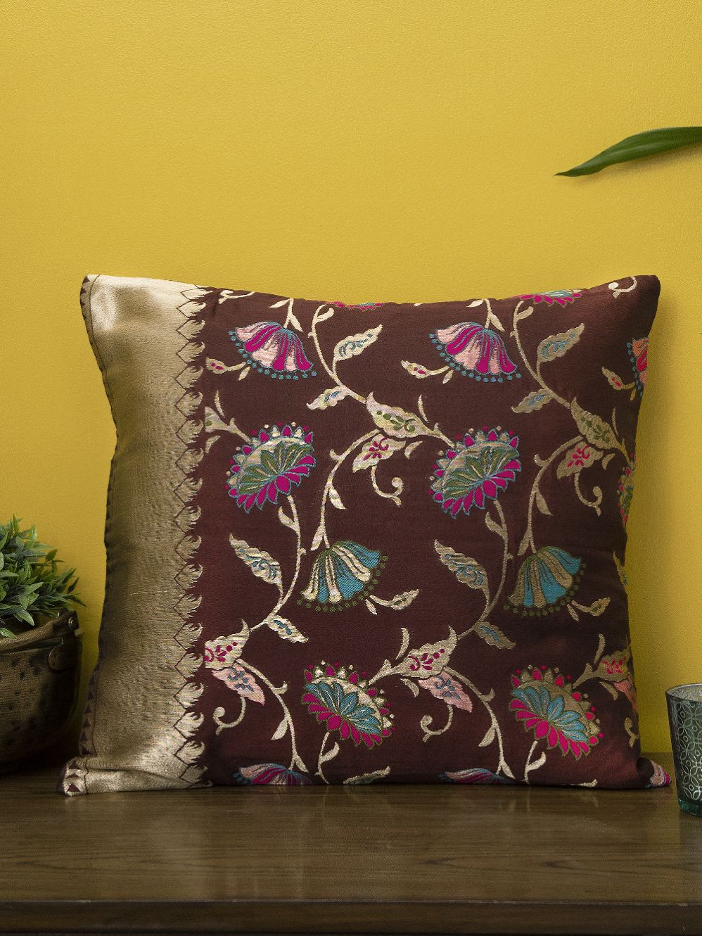 Brown Brocade  Banarasi Cushion Cover - size 16 x 16 inch 