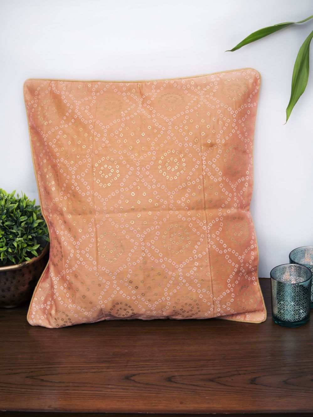 Pink  Bandhni Printed  Chanderi Cushion Cover - Size 16 x 16 Inch