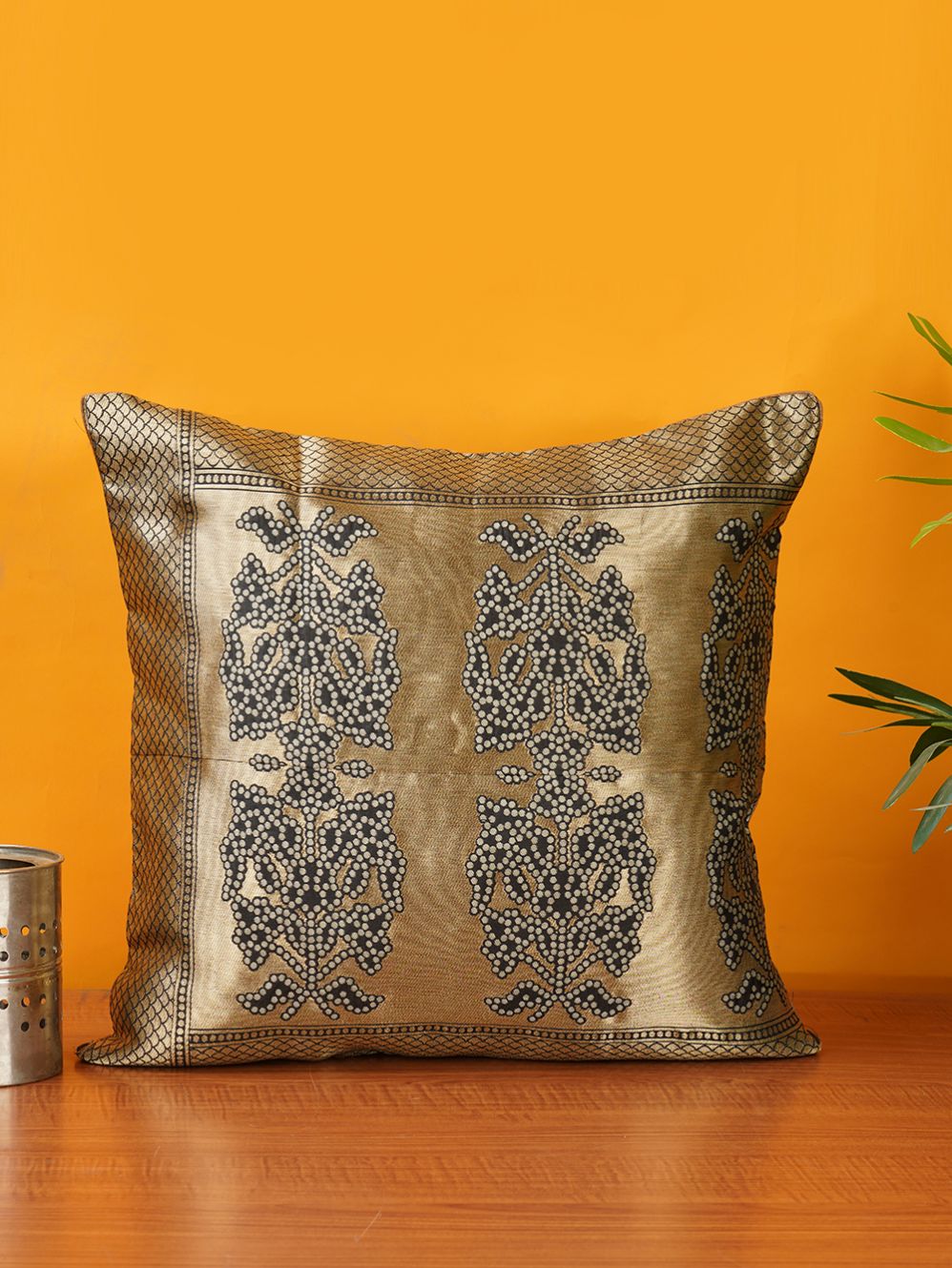 Black Brocade  Banarasi Cushion Cover - size 16 x 16 inch 