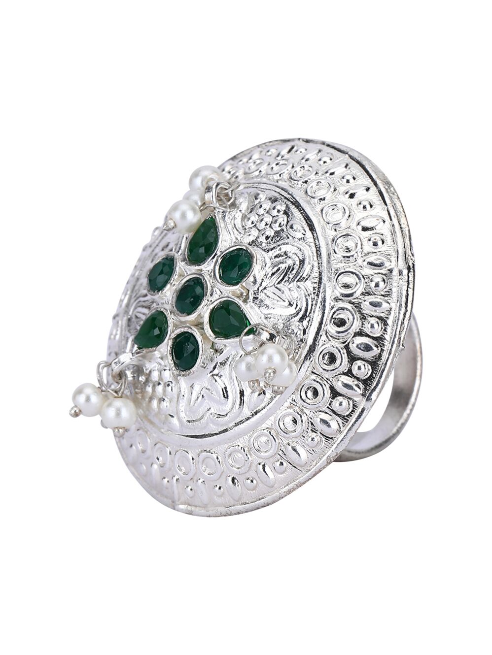 Green Stone Silver Tone Ring