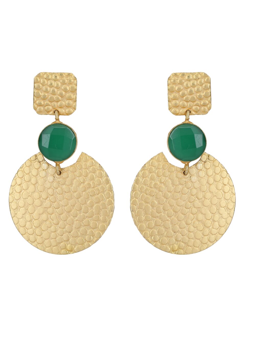 Round Shape Green Stone Matte Gold Earrings