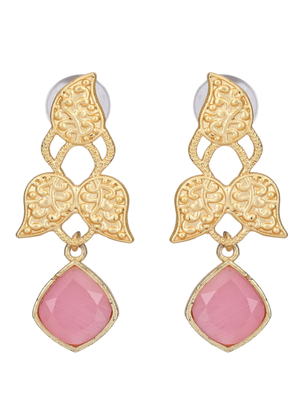 Pink Stone Matte Gold Earrings