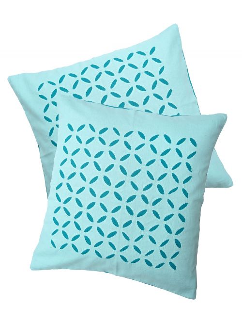 Aquamarine Applique Cutwork Cotton Cushion Cover