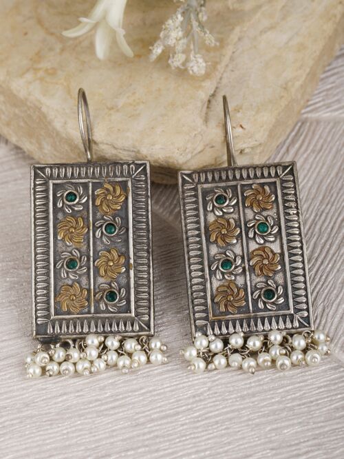 Green Beads Pattern Dual Tone Brass Earrings