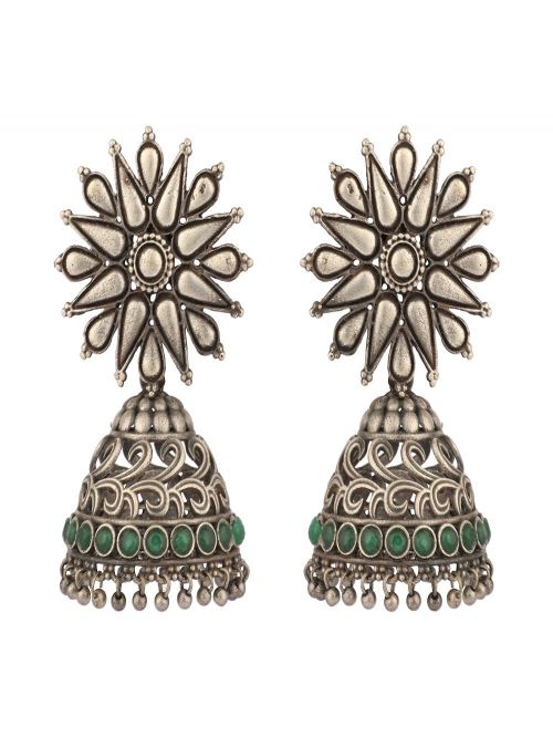  Silver Toned Green Handcrafted  Brass Earrings