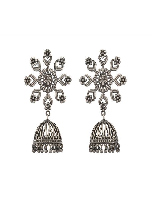  Floral Silver Tone Handcrafted Brass  Jhumka