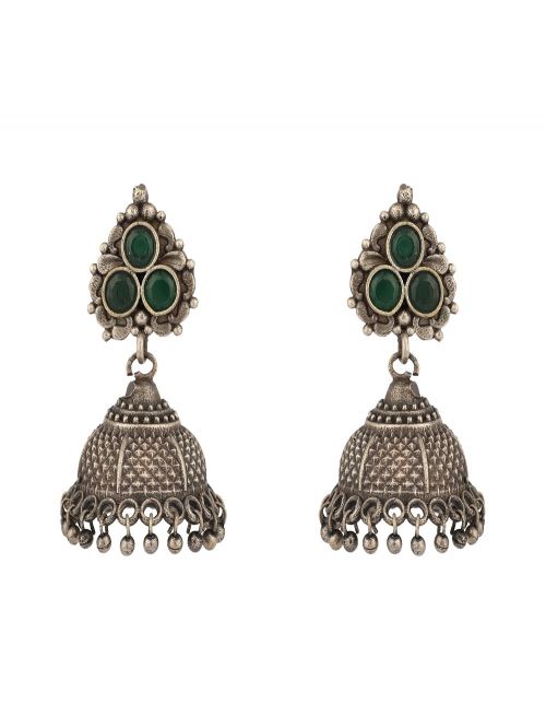  Silver Tone Green Handcrafted  Brass Jhumka