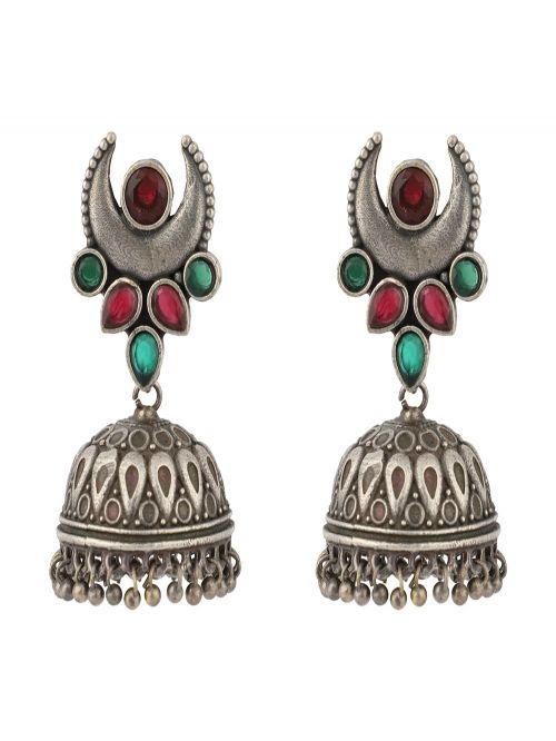 Moon Shape Silver Tone Brass Jhumka