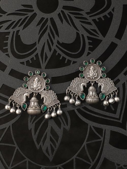 Lord Ganesha Design Silver Tone Brass Earrings