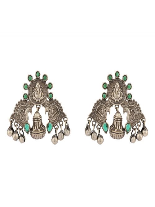 Lord Ganesha Design Silver Tone Brass Earrings