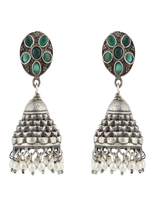 Emerald Silver Tone Brass Jhumka