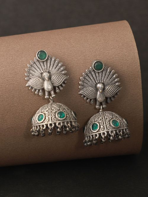 Green Silver Tone Brass Jhumka