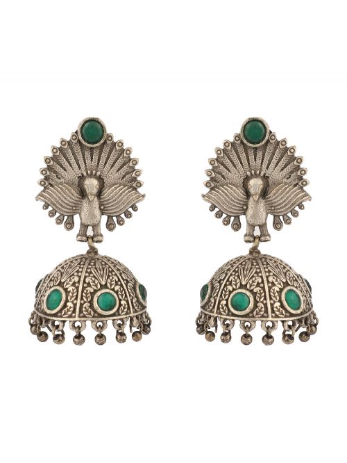 Green Silver Tone Brass Jhumka