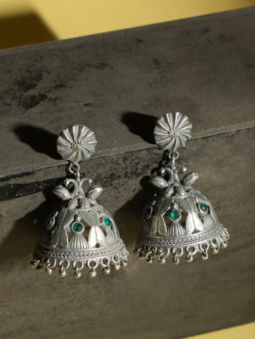 Green Silver Tone Brass Jhumka